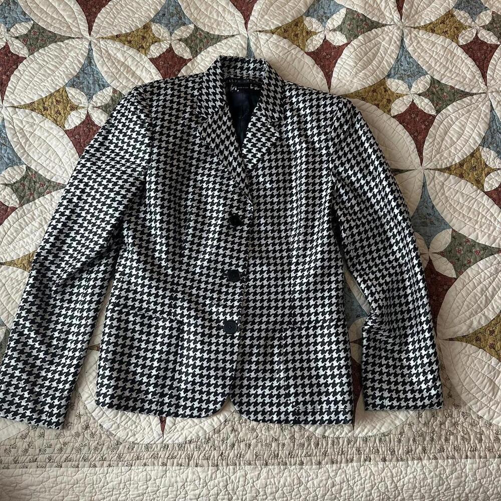Vintage Ralph Lauren black label 100% silk black & white houndstooth blazer